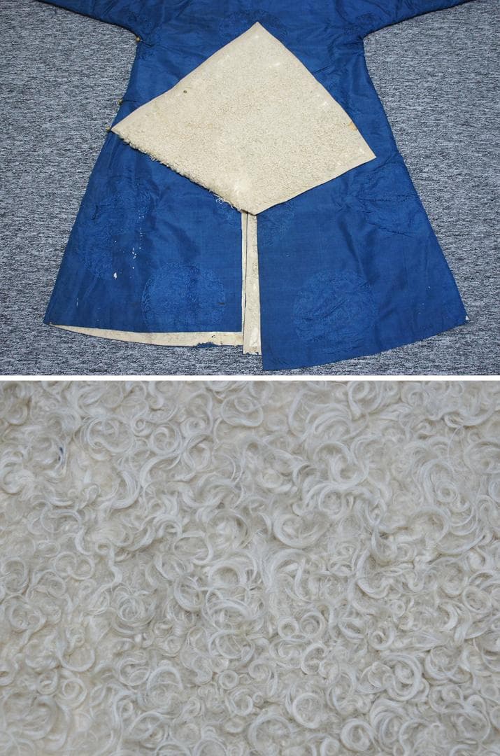 【織】　★ 織繍 藍色暗花綢羊皮常服袍 ★　清朝期　二龍戯珠 織綴文様　宮廷珍玩
