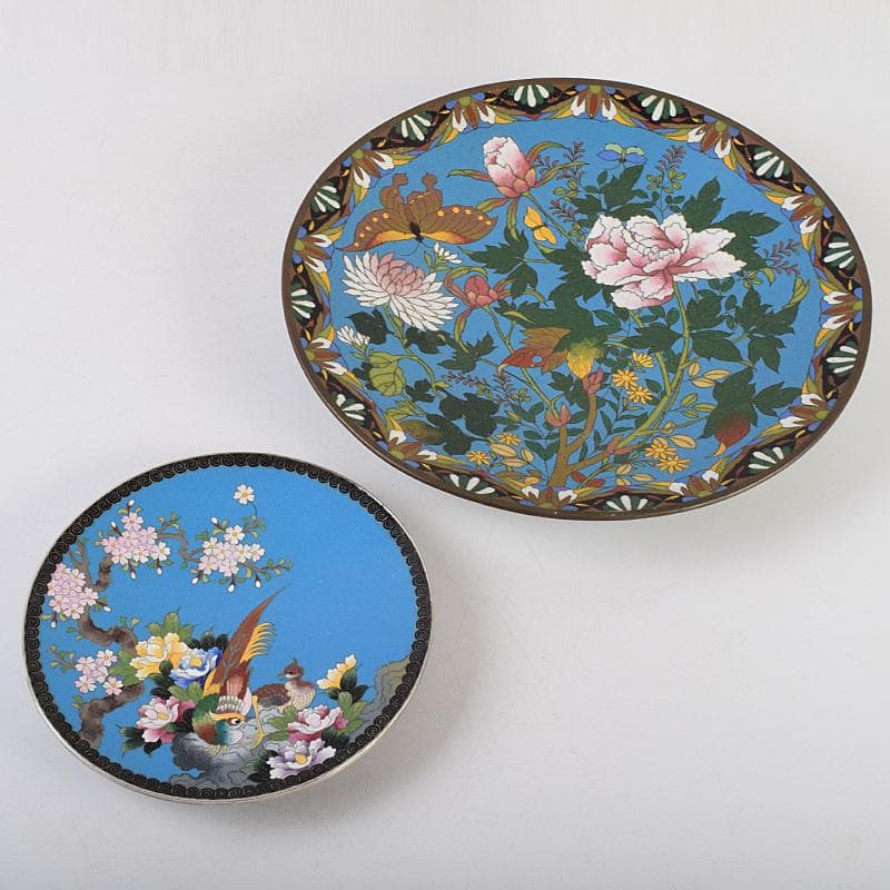 中国　古七宝琺瑯彩　七宝焼　安藤七宝店　盤　皿　2点　時代箱付　M　R9532B