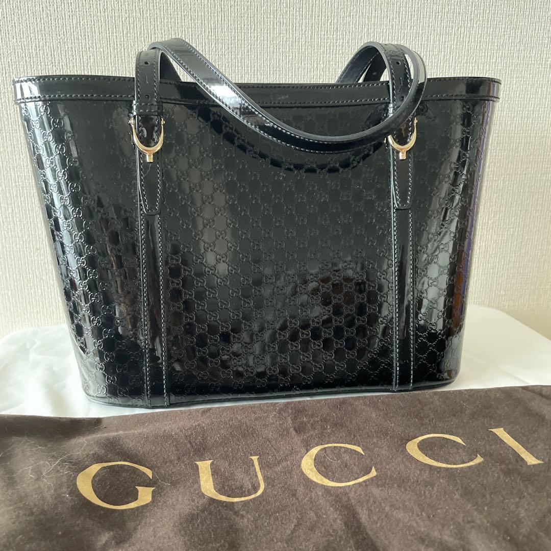 【GUCCI】マイクロGGシマトートバッグ 黒 エナメル