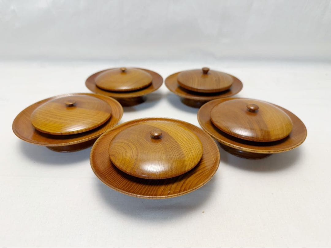 ほぼ未使用 茶道具 桑 天目台 高茶台 貴人台 茶托 蓋付き 5客揃え 煎茶道具