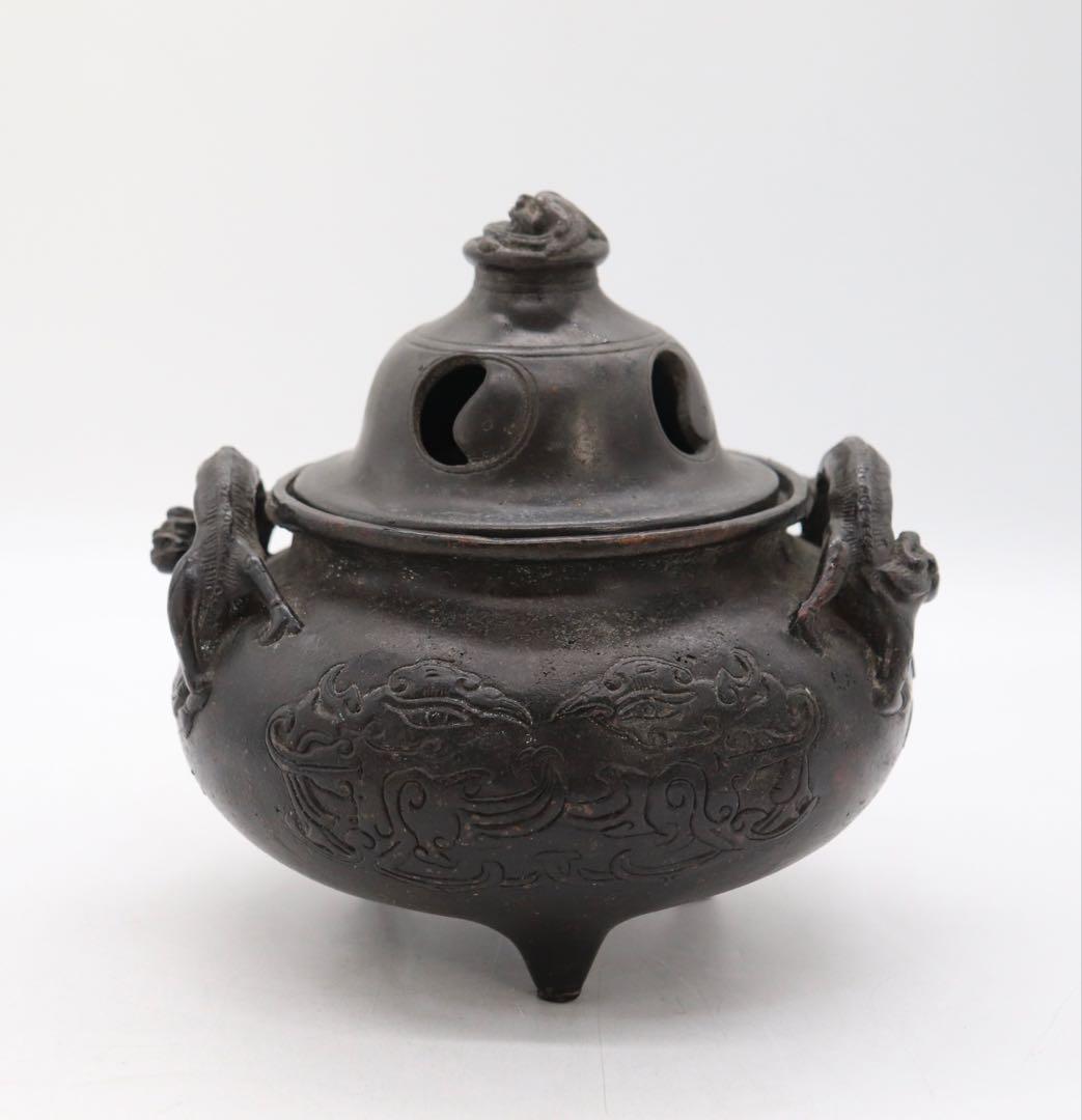 中国　清時代　銅製香炉　龍　大明宣徳年製銘　送料込み250517