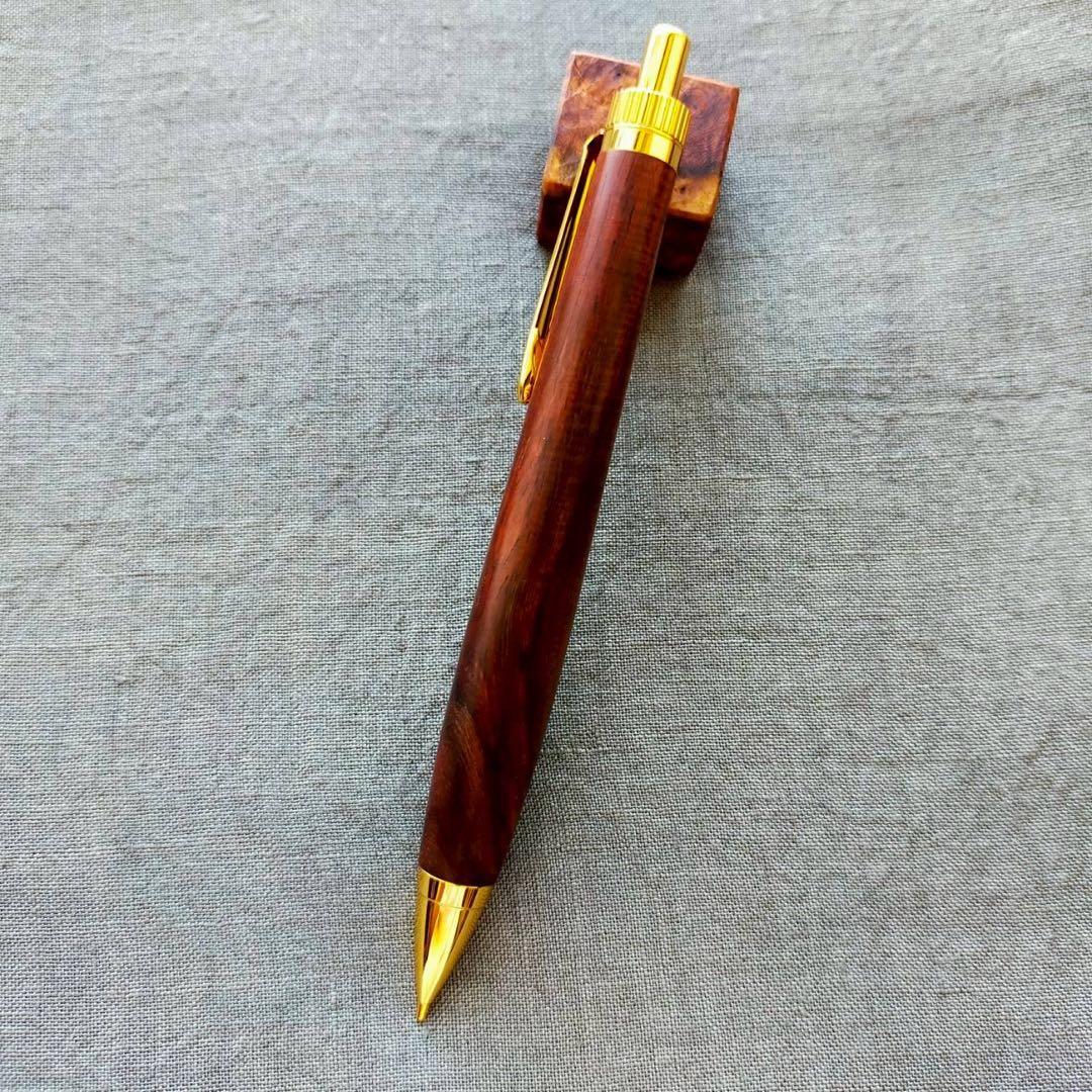 本紫檀　糸縮杢　ハンドメイド　木軸シャープペン　0.5mm　天然木　ゴールド