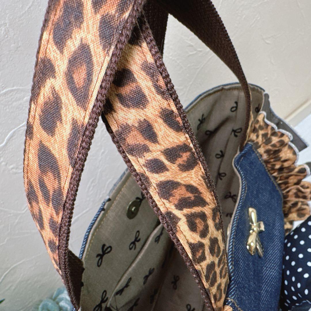 ゆ*ら様 コヤンイサムチョン♡ふっくら黒猫♡豹柄ダブルフリルのデニムトートバッグ