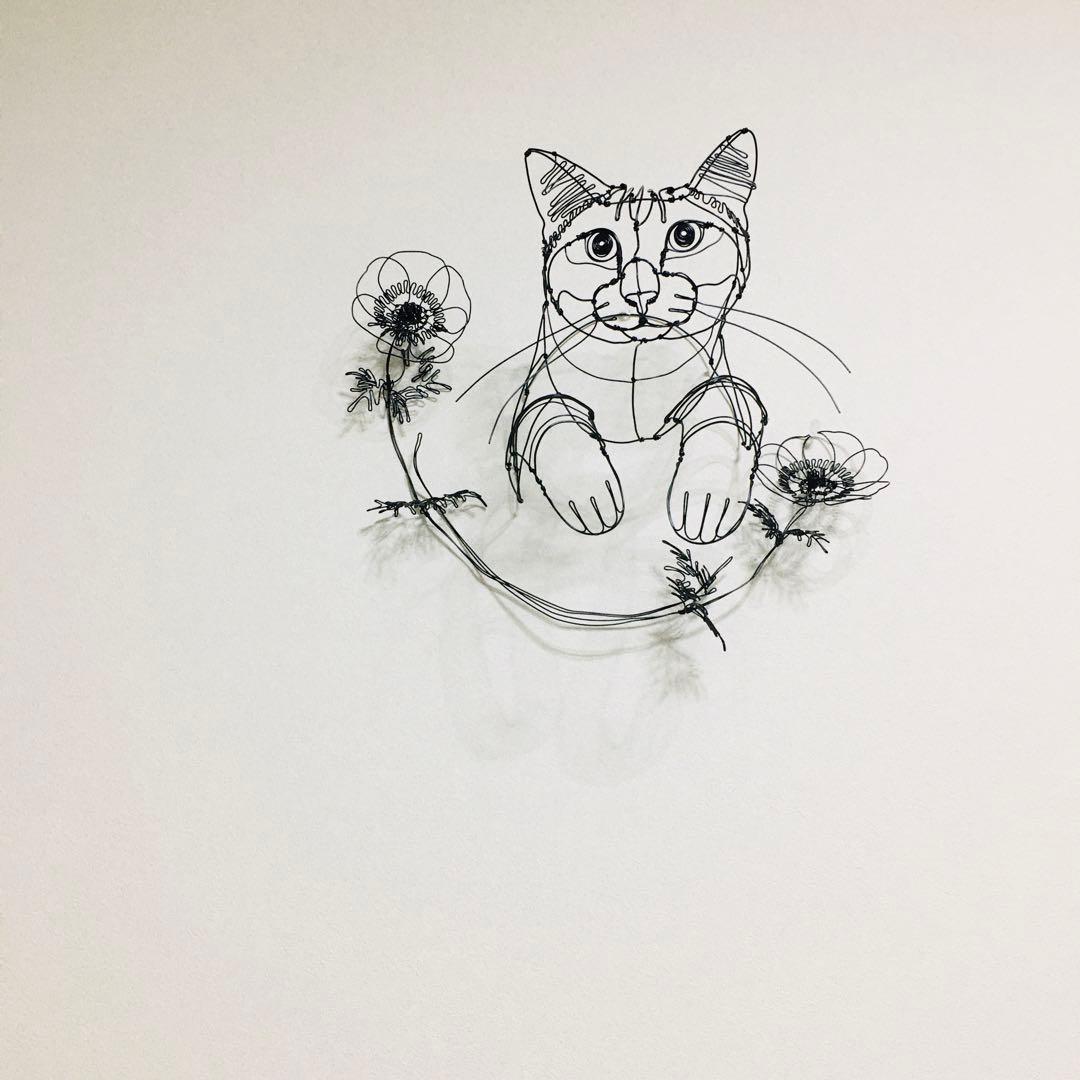 ワイヤーアート　ワイヤークラフト 花とねこ