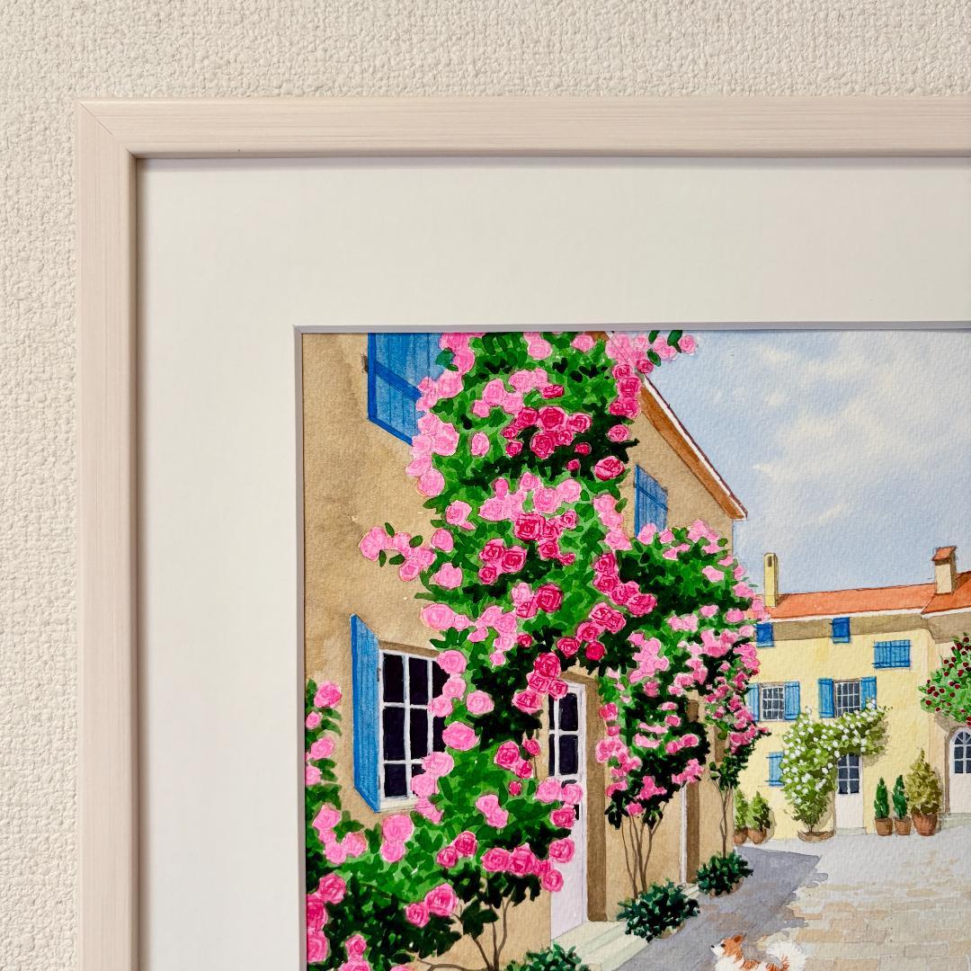 透明水彩画　原画　「花の咲く路地06」額縁付き　F4サイズ　風景画