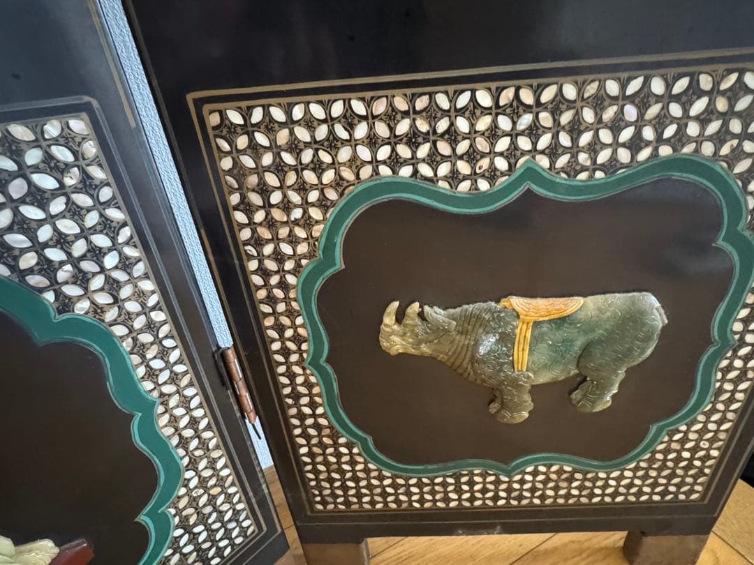 中国骨董　螺鈿細工　四曲屏風　衝立　アンティーク