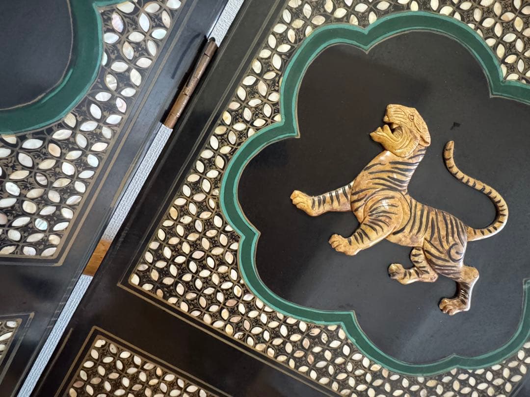 中国骨董　螺鈿細工　四曲屏風　衝立　アンティーク