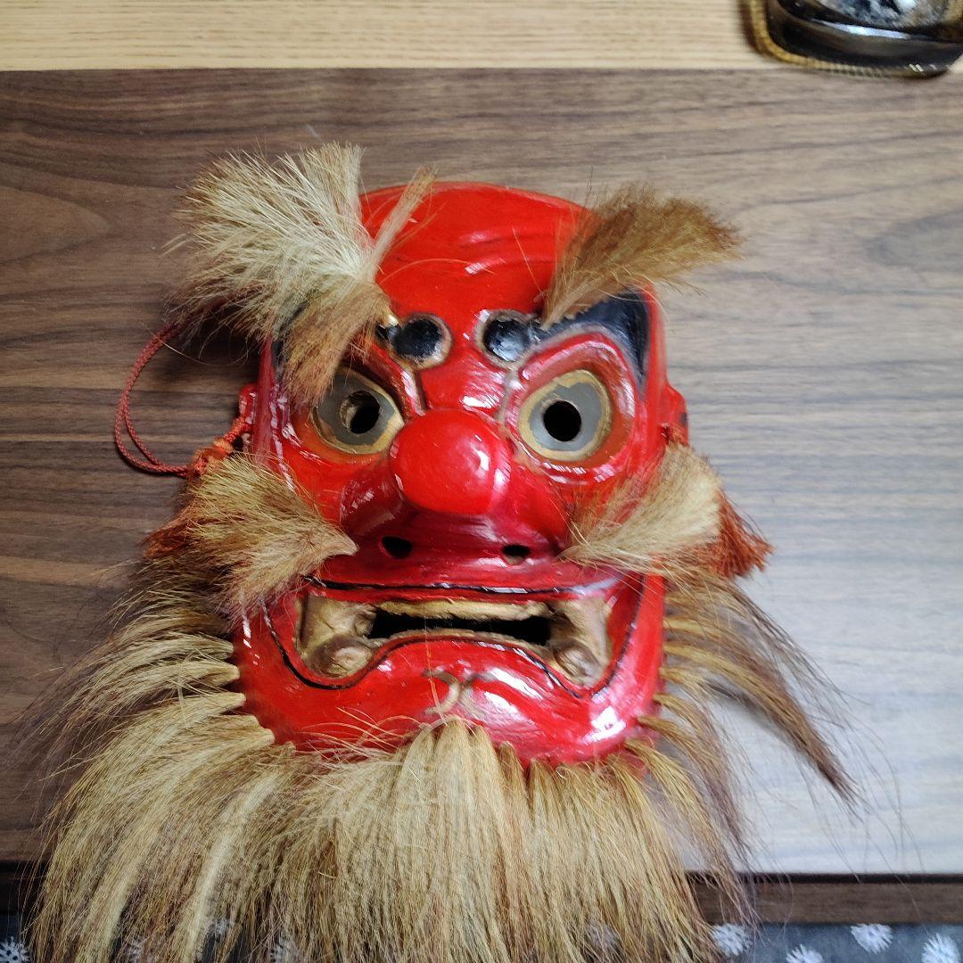 備中神楽面猿田彦　赤い木製神楽面 髪の毛付き