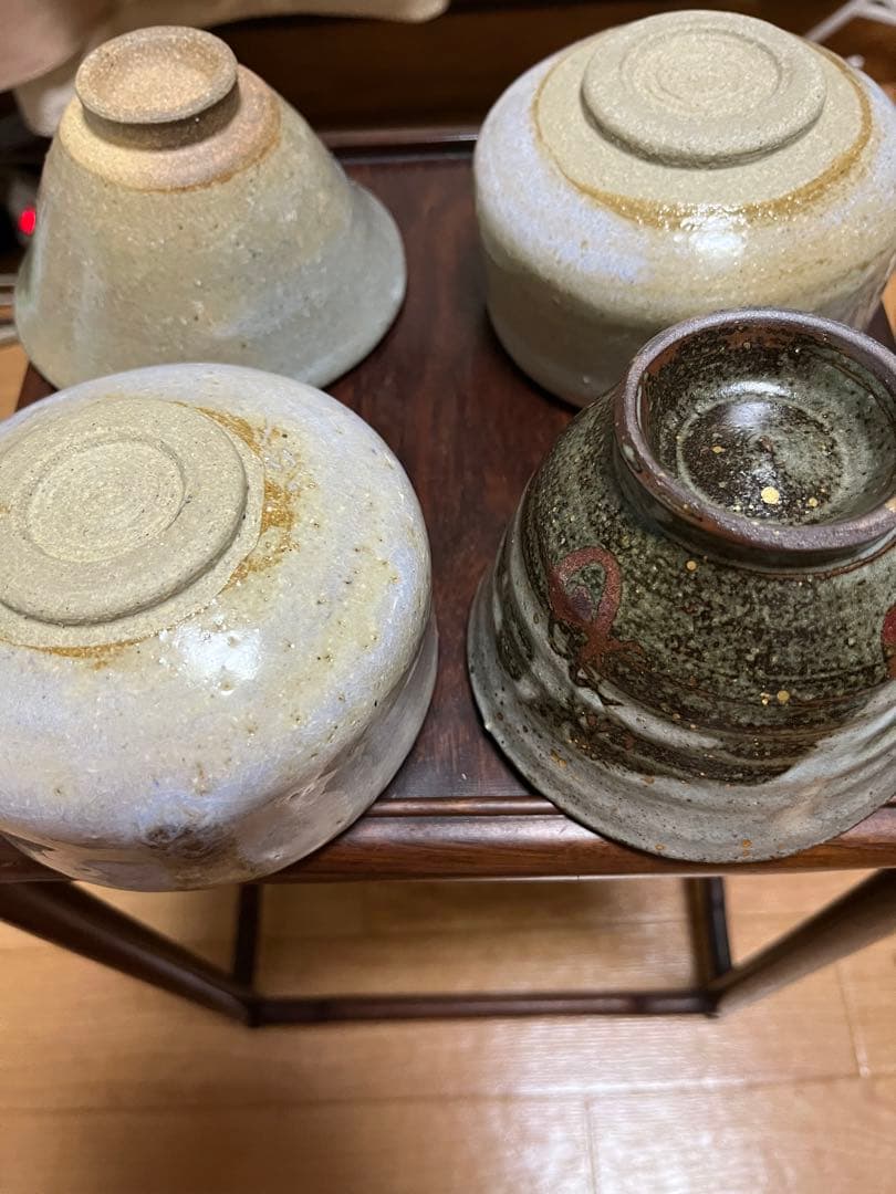 茶道具　ミニ抹茶碗　抹茶碗　陶印有　益子焼他4個セット茶　10〜10.5cm