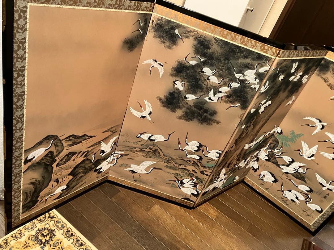 鶴の絵の木製屏風 3つ折り