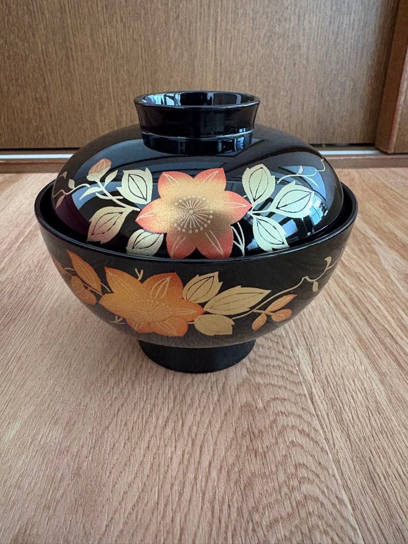特選漆器　会津塗　汁椀 蒔絵 花柄 黒 金 朱 和食器　5客セット