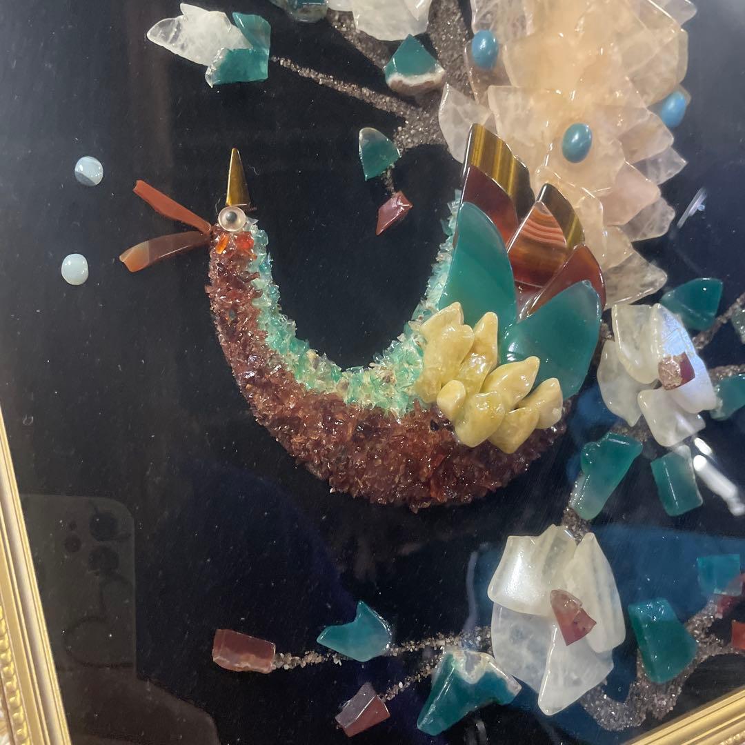 天然石 絵画 貴石 絵画アンテーク 美術工芸 孔雀 クジャク レトロ