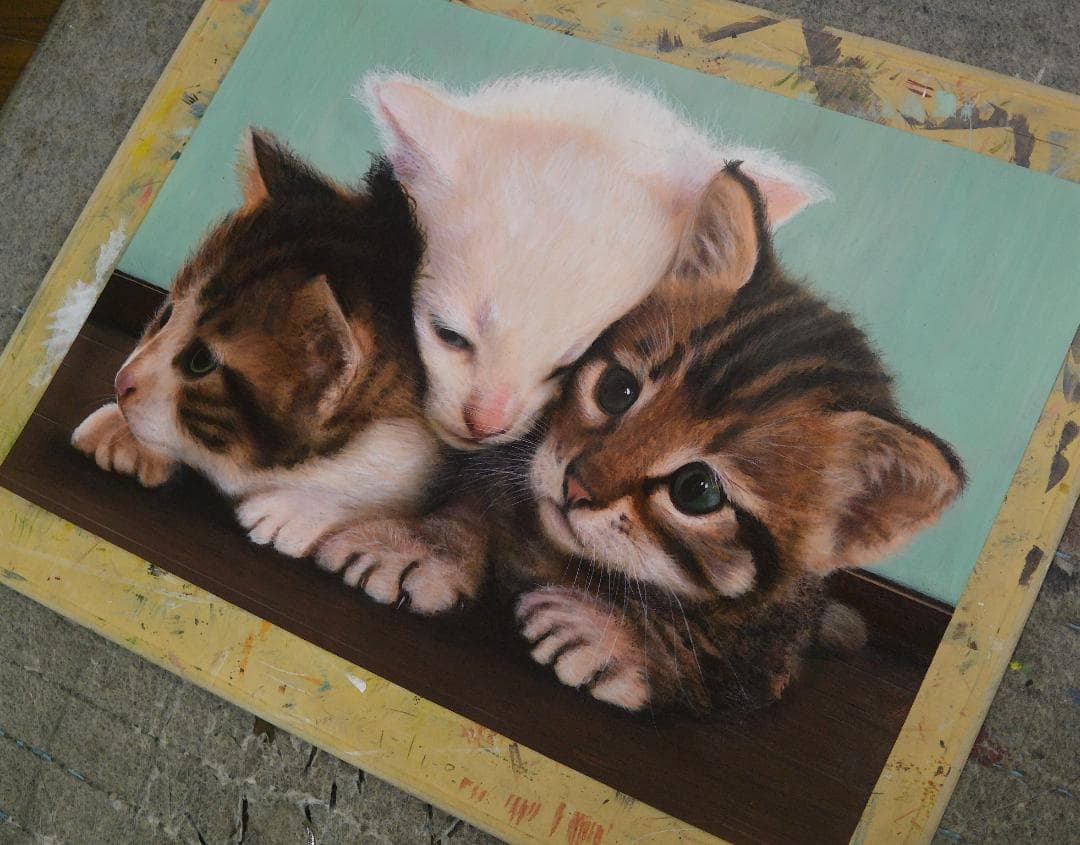 アクリル画　仲良し仔猫　Ａ２