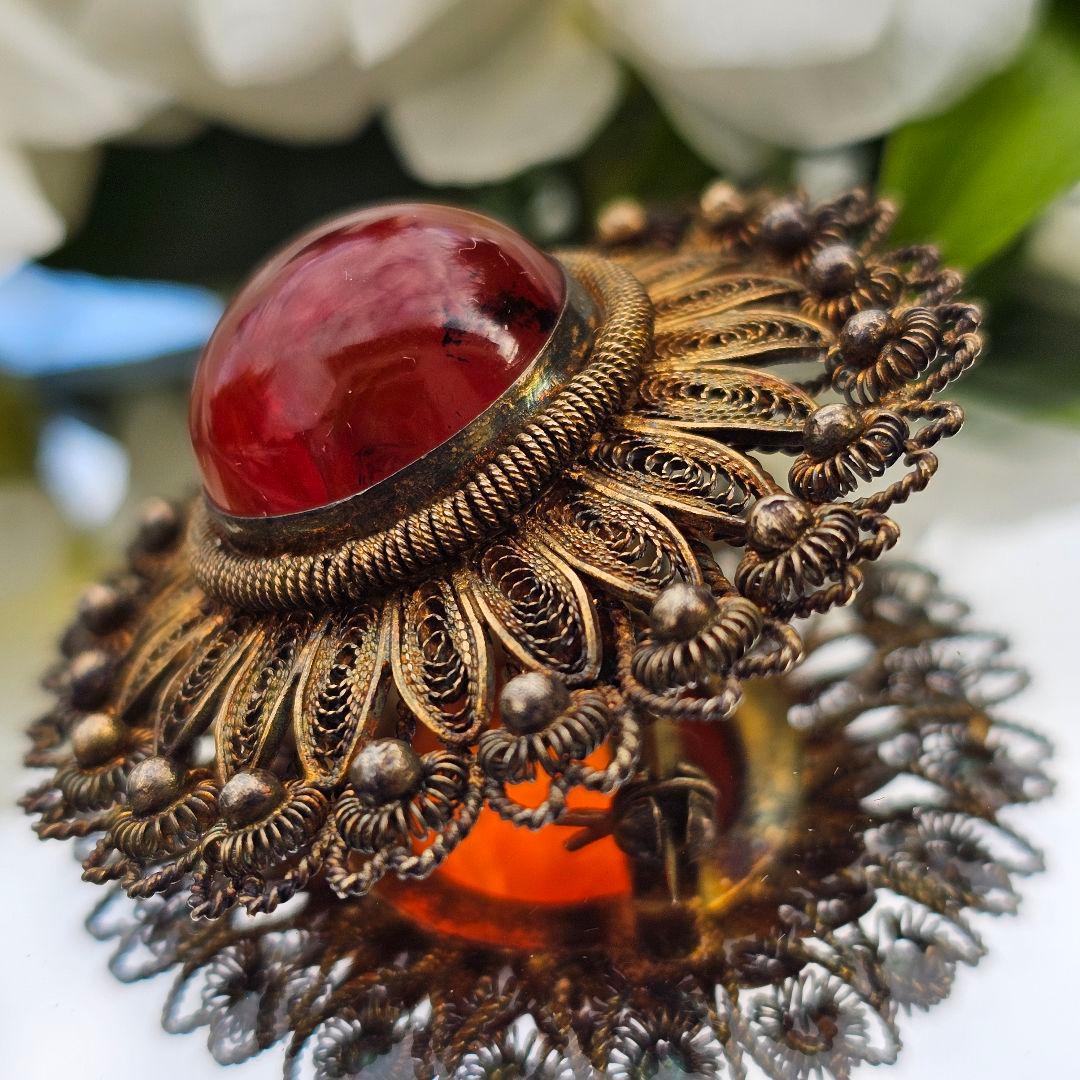 【255】 琥珀　アンバー　銀線細工　ヴィンテージブローチ