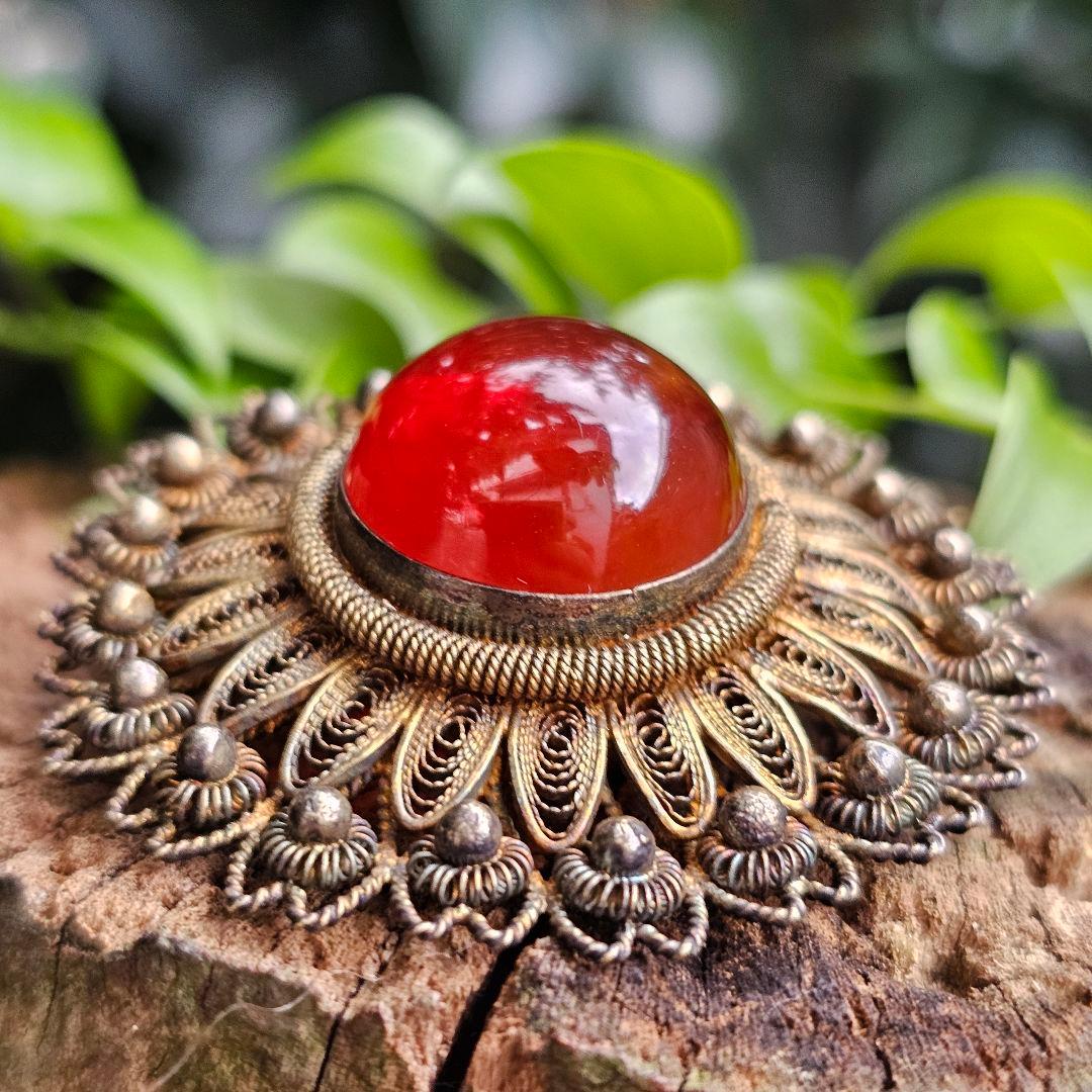 【255】 琥珀　アンバー　銀線細工　ヴィンテージブローチ