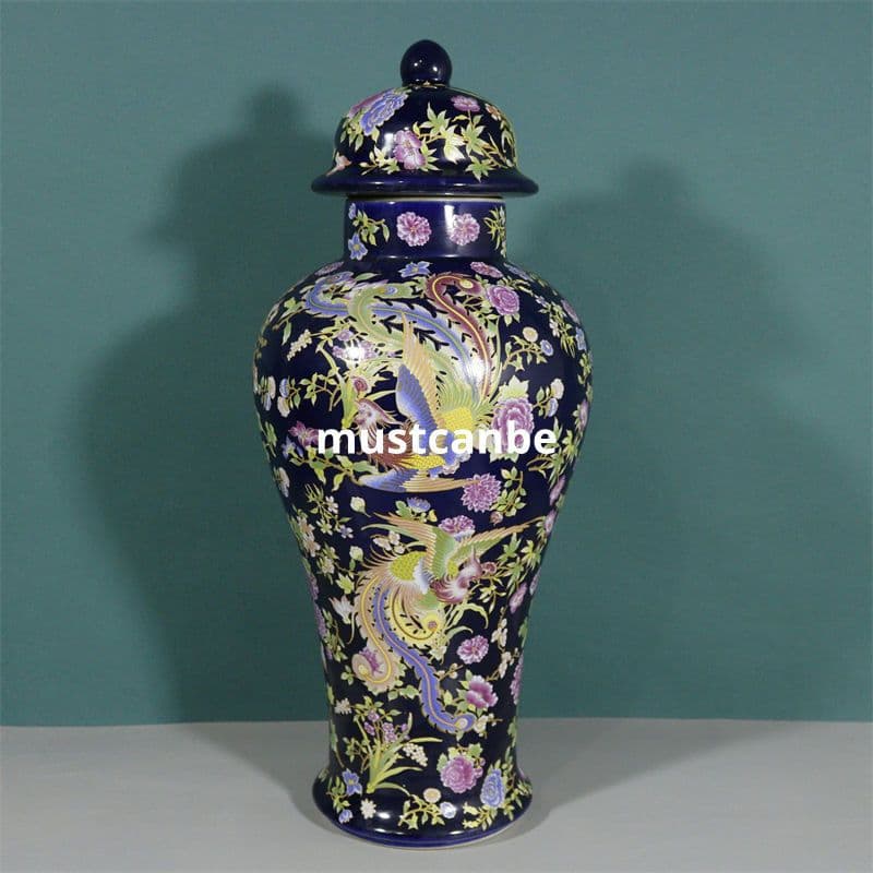 清康熙官窯藍底鳳凰紋将軍缶 景徳鎮 陶磁器 装飾品 現代工芸品 美術品 置物