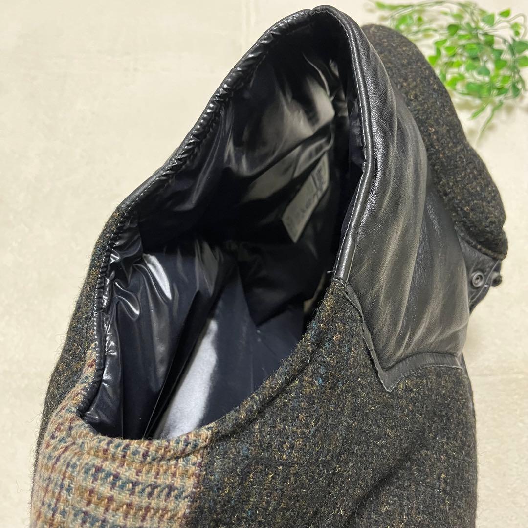 90s 英国製　ビンテージ　ハリスツイード　レザーヨーク切り替えダウンベスト