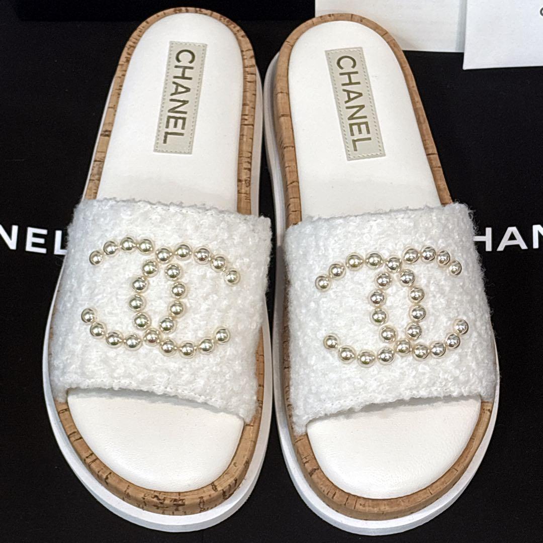 【未使用】　シャネル　パール　ココマーク　ツイード　フラットサンダル　24S
