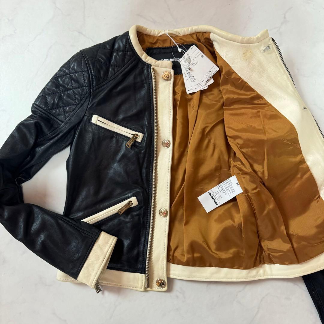 未使用タグ付 DSQUARED2 ラムレザー ライダース シングル バイカラー