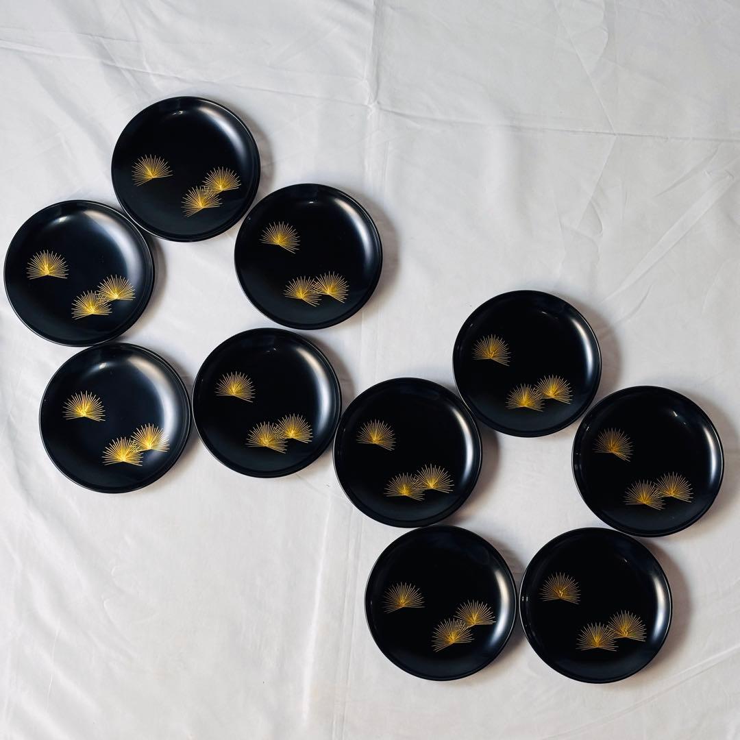 美品 輪島塗 銘々皿10客セット 共箱付 松金蒔絵 黒塗 漆器 和モダン
