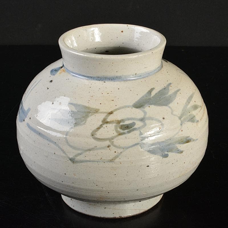 朝鮮美術　李朝　高麗白磁　染付　花文　丸壷　D　R6758