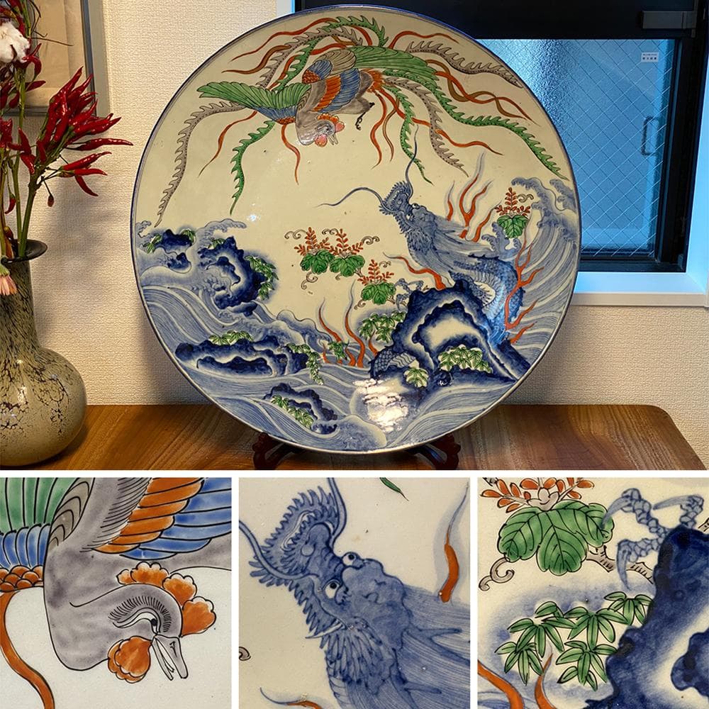 【瓷】　★ 瓷器 青花五彩龍鳳紋賞盤 ★　明治期　鳳凰 行龍 手描文様　明清磁器