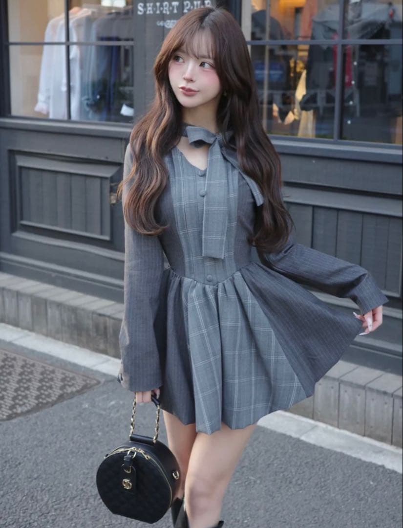 Darich チェックストライプバルーンミニワンピース