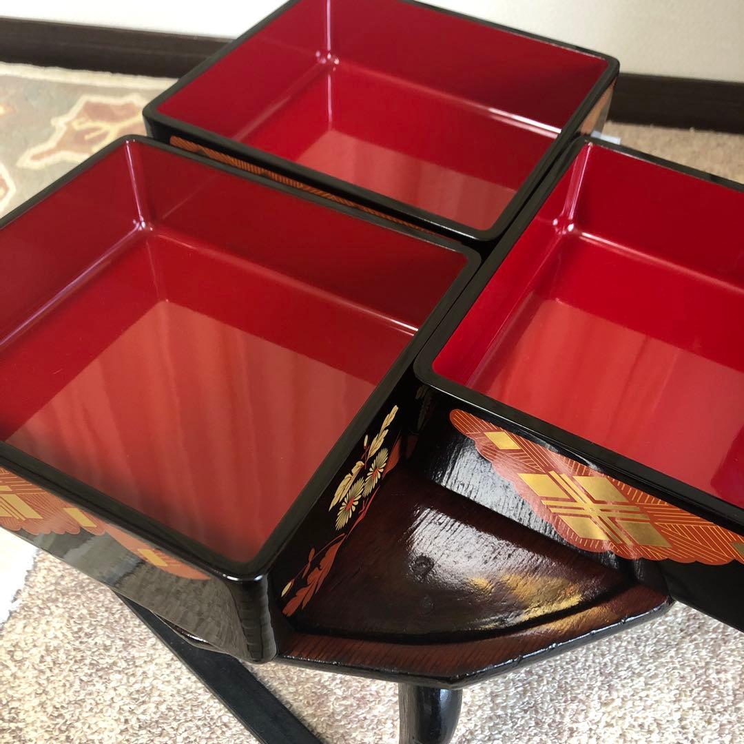 秀衡塗　重箱　三段重　菊紋　漆器　天然木　7寸×6.5寸　専用箱　未使用品　美品