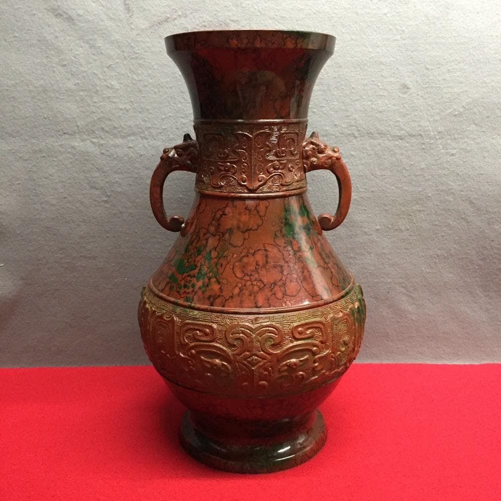 Y【中古】銅製花瓶 龍 飾り壺 青銅 耳付き 兼春作 双耳 古美術 アンティーク