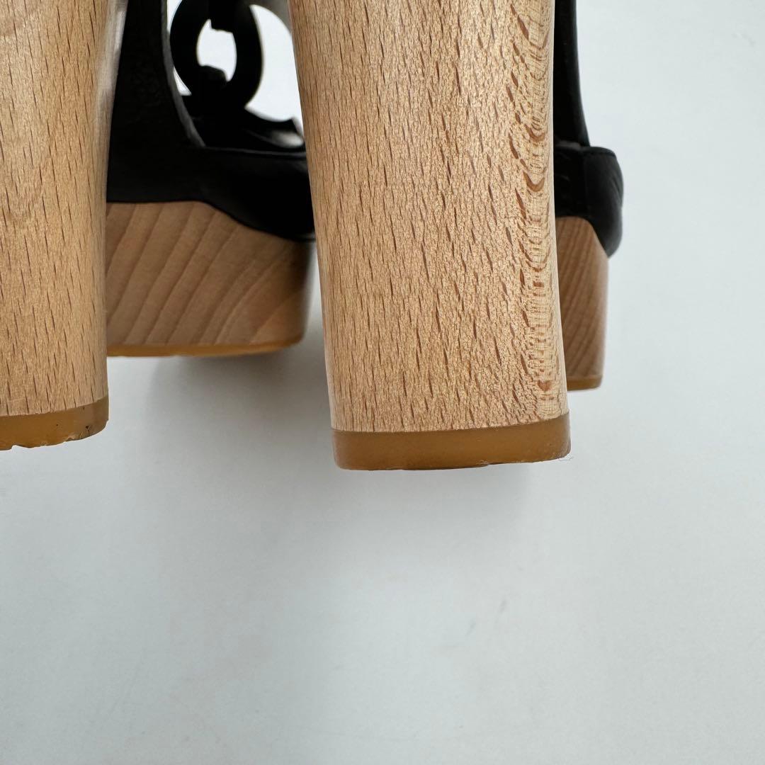 CHANEL サンダル　ココマーク　ブラック　レザー　ウッド　サイズ34 1/2