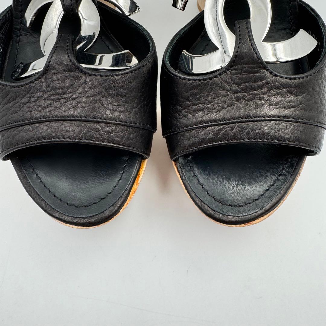 CHANEL サンダル　ココマーク　ブラック　レザー　ウッド　サイズ34 1/2