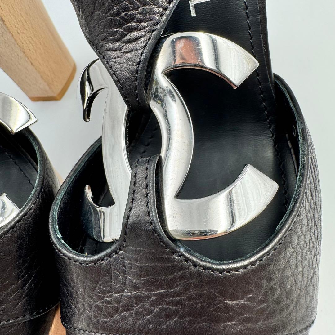 CHANEL サンダル　ココマーク　ブラック　レザー　ウッド　サイズ34 1/2