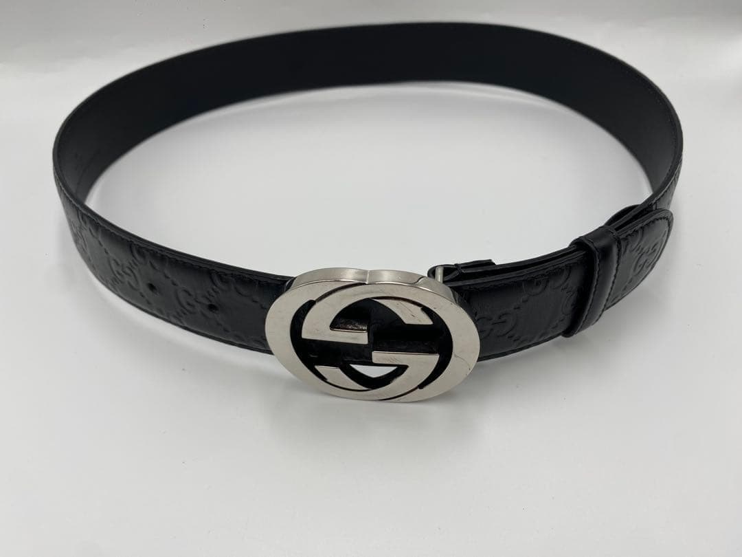 【極美品】GUCCI　インターロッキング シマ　GG　ベルト　ブラックレザー95