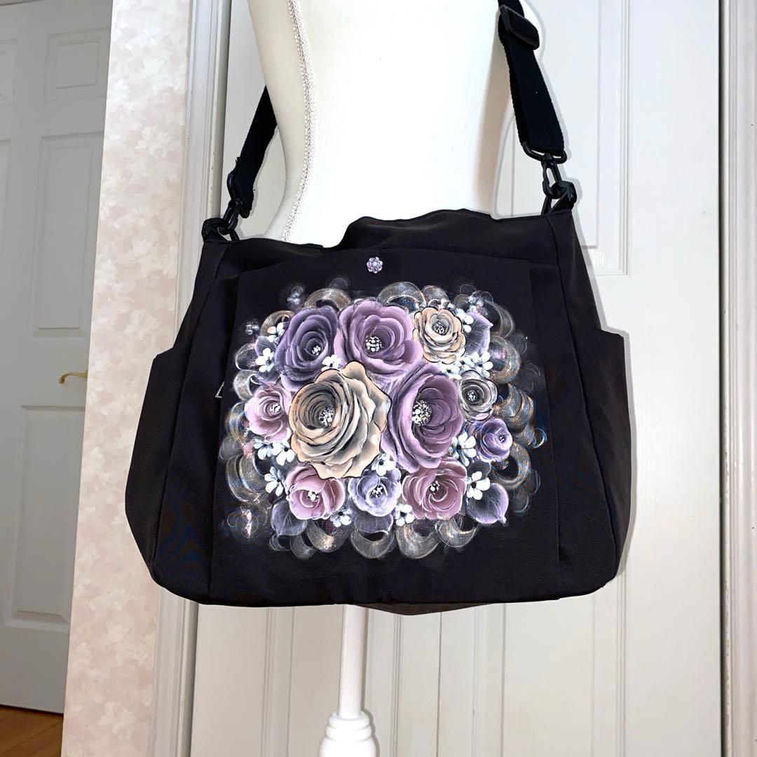 ショルダーバック　パッチン留め　薔薇　手描き　トールペイント