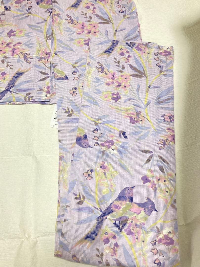 専用　みすゞうた　綿絽　浴衣　ライラックカラー　黄金の小鳥　着物風にも