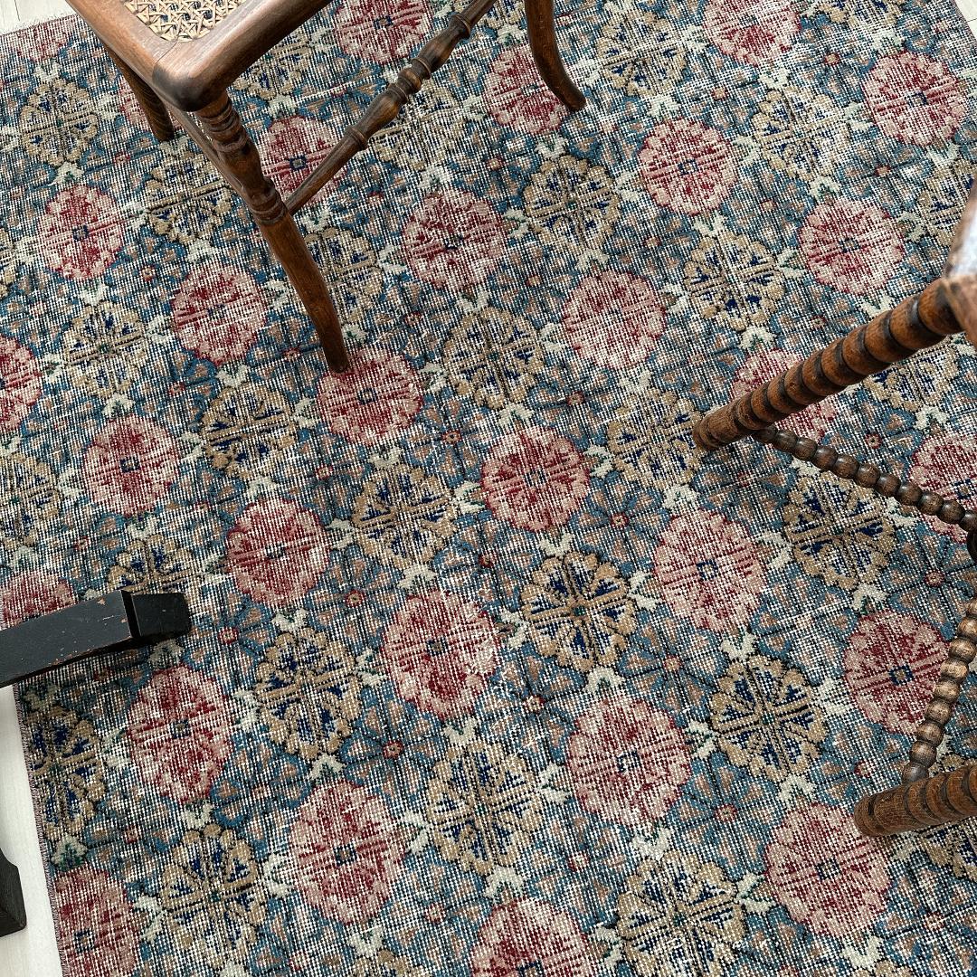 トルコ ヴィンテージラグA3 大判 レア ブルー グレー ベージュ ピンク