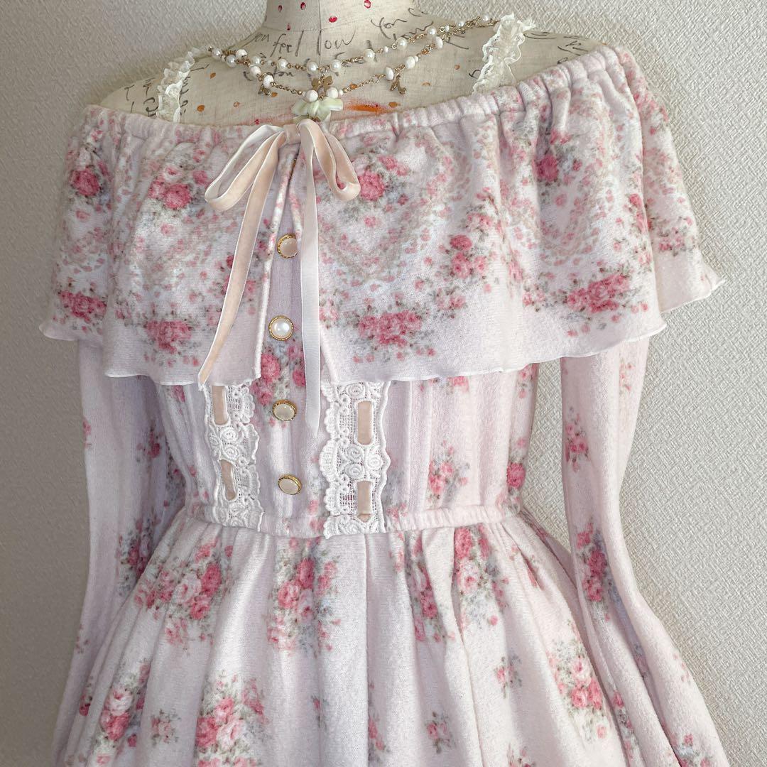 00s 希少 LIZLISA ケープ付き起毛ピンクローズオフショルワンピ 姫ロリ