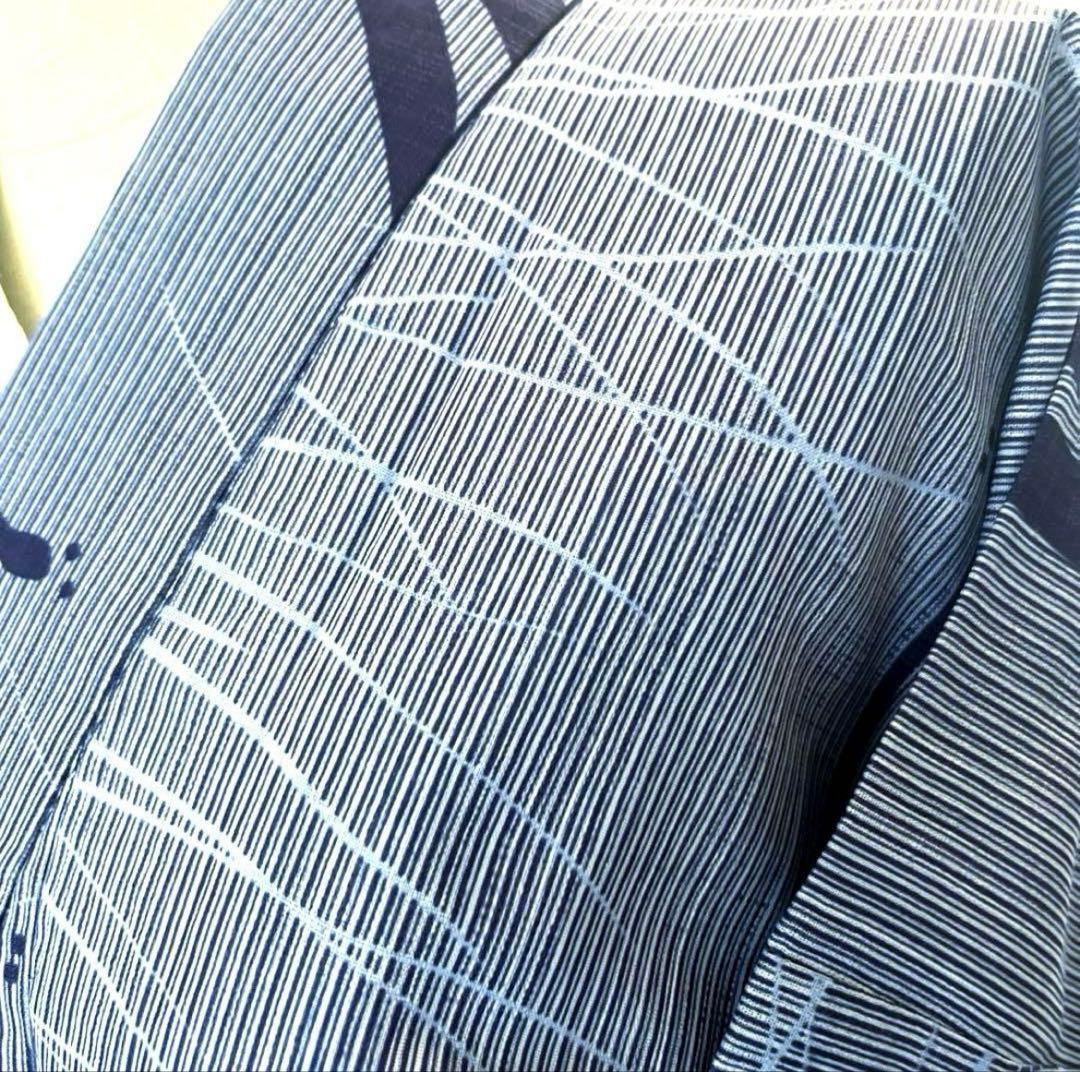 綿麻 浴衣 蜻蛉 芝 縞 青色 ブルー フリーサイズ 未使用