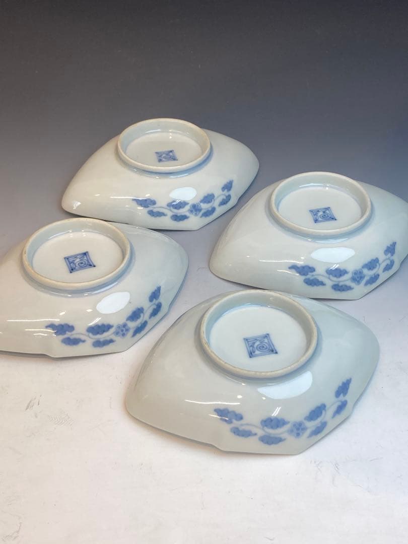 柿右衛門 染錦流水紅葉文菱形皿4客 角福在銘 古作