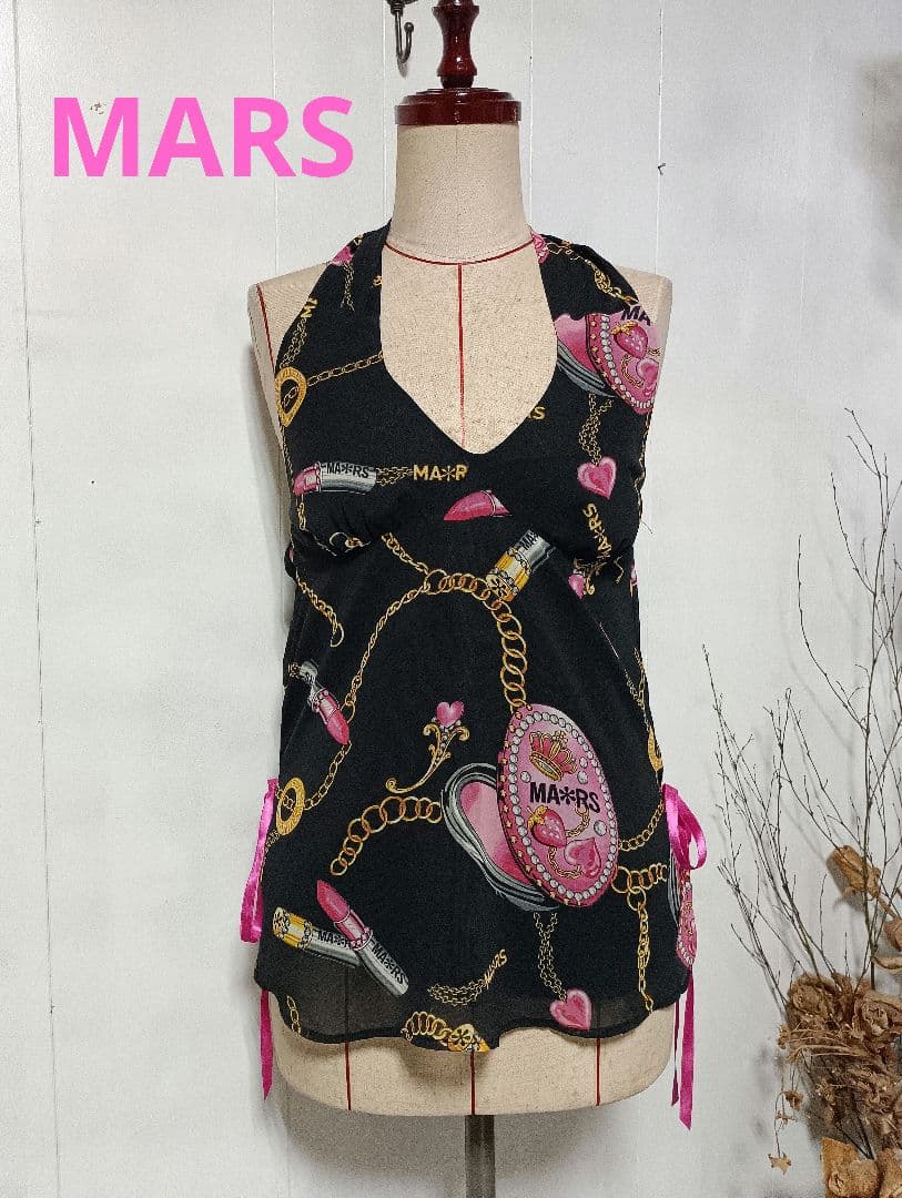 MARS マーズ ギャル　Y2K ブラックコスメ柄ホルターネックトップス