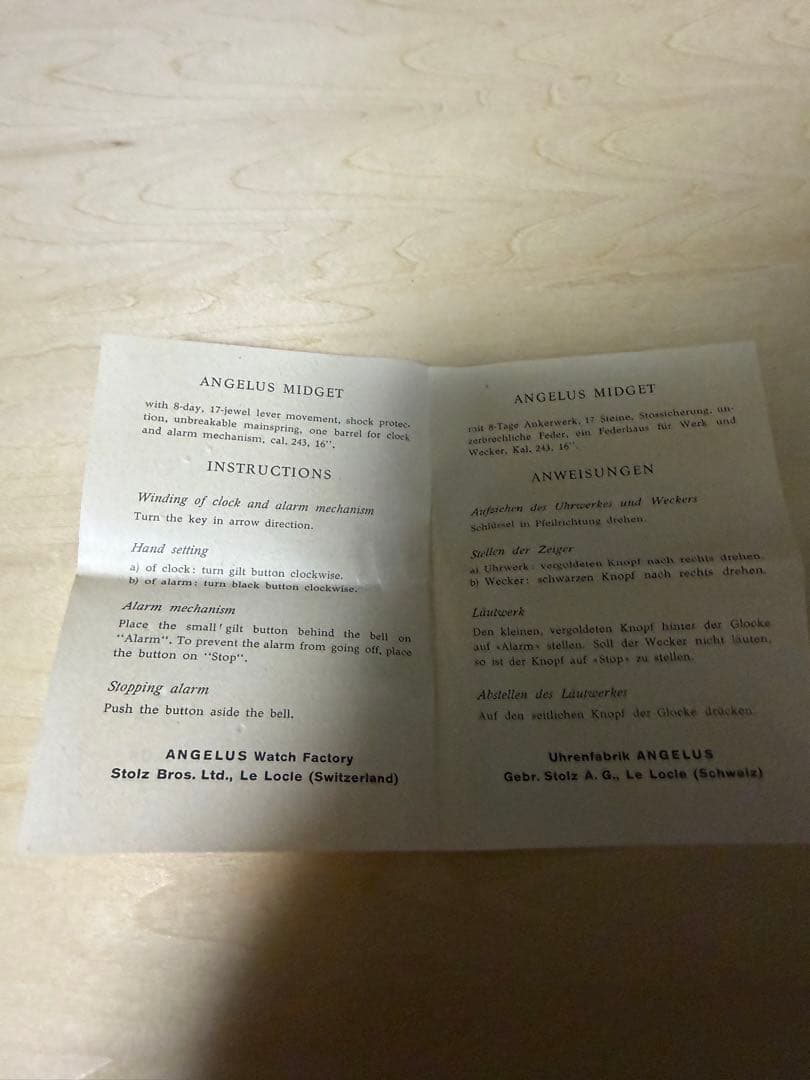 ANGELUS MIDGET 時計目覚まし 不動、アラーはム可動 スイス製