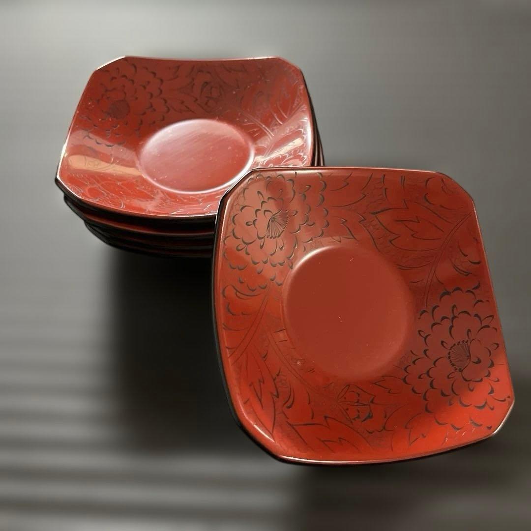 千舟生選　輪島塗 輪島塗　漆器　伝統工芸　茶托　皿　赤漆　5枚　沈刻