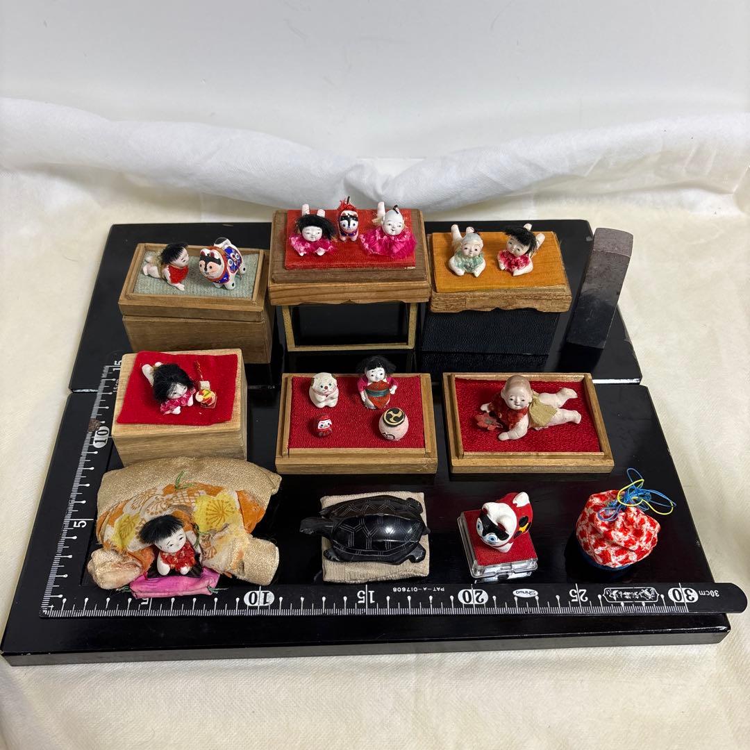 ❷アンティークハイハイ人形こま犬、亀ガラスケース桐箱童子大正昭和初期まとめて