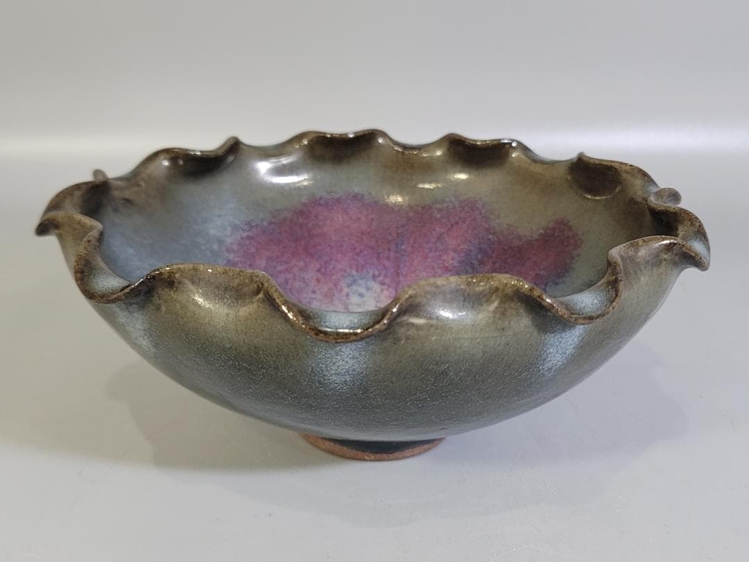 中国美術 斑紫釉 輪花 碗 時代物 DT444