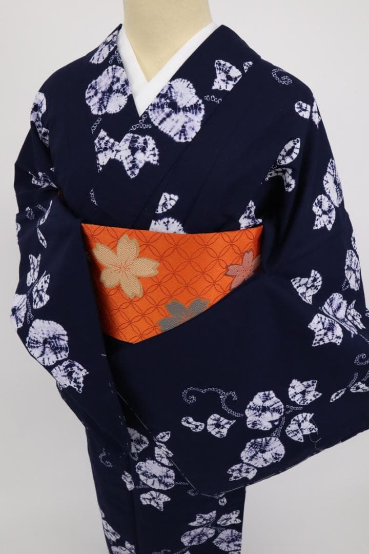 《新品◆しぼり＊浴衣■長尺◆あじさいの花模様◆濃紺◆木綿着物◆UA8-14》