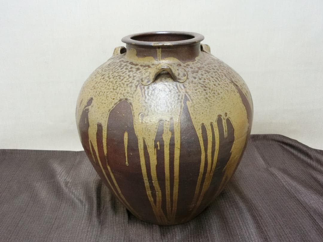 処分価31（土）22時まで【壺　3耳壺 流れ釉　緑釉垂れ釉　景色抜群　丹波】鑑賞