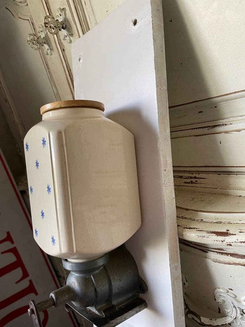 フランス　アンティーク 壁掛け　コーヒーミル　グラインダー 陶器　ドット　星