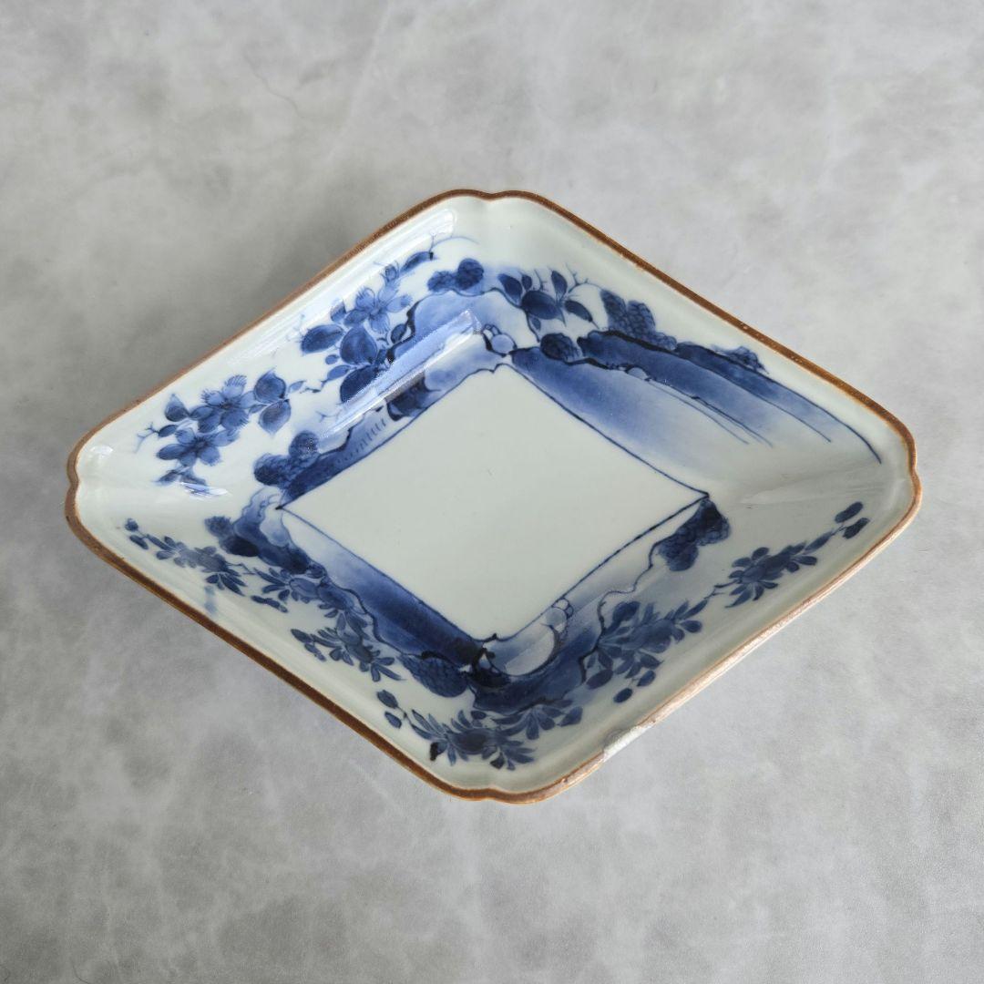 古伊万里　染付　隅入菱皿　小皿　江戸時代　金直し　金継ぎ　骨董　アンティーク