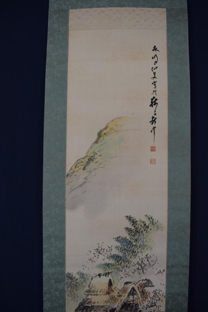 【真作】秋峰/梅花山水図/山家梅花図/掛軸☆宝船☆Y-686　JM