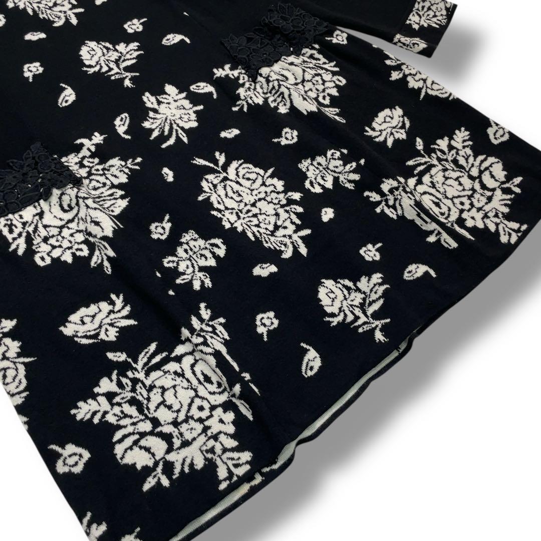 美品 スーパービューティー 花柄 ジャガード ビジュー ニットワンピース 42